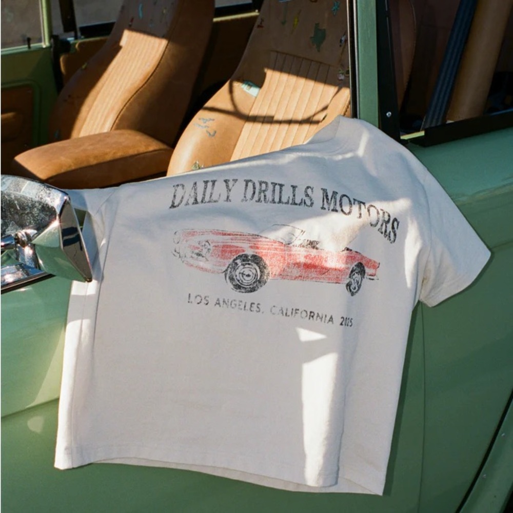 Daily Drills Vintage Car Graphic Tee in Cream with Red Accent